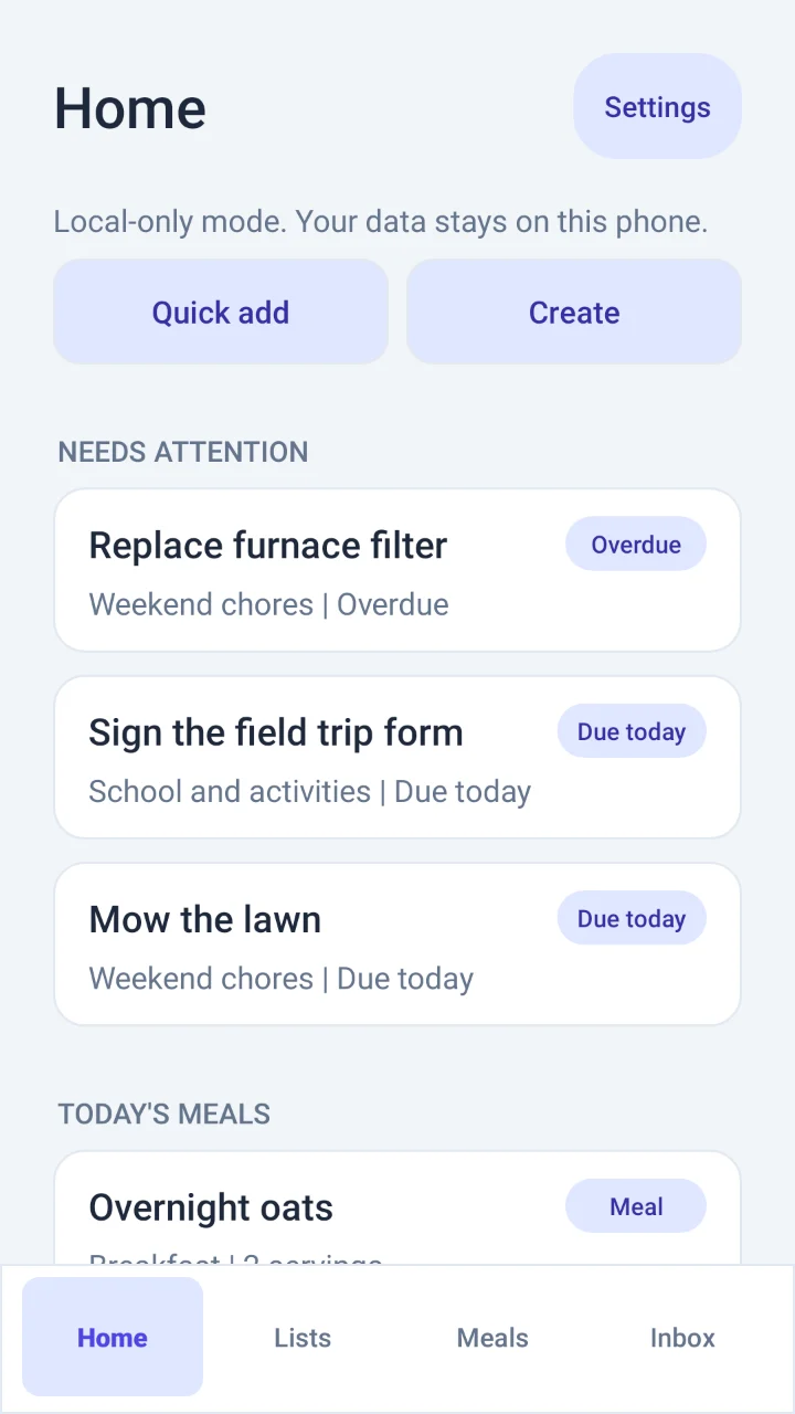 EchoList Home showing tasks that need attention, due today, and today's meals