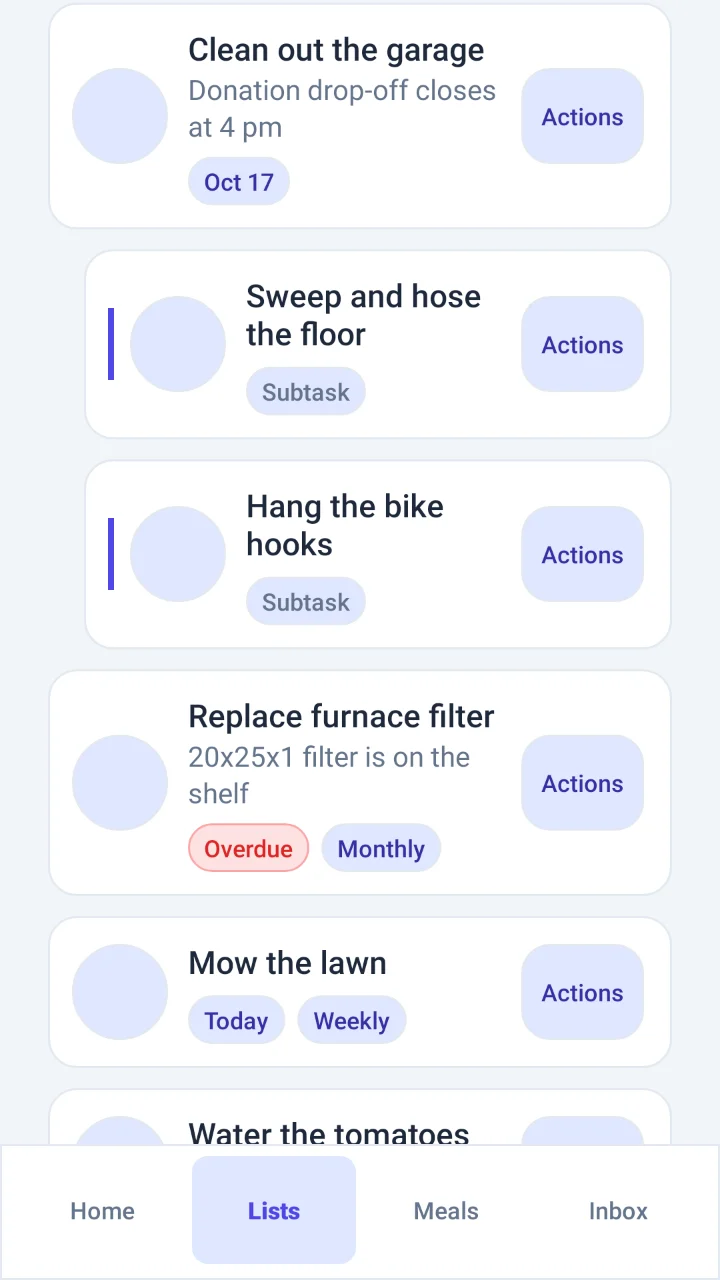 A chores list with subtasks, due dates, an overdue task and repeating tasks