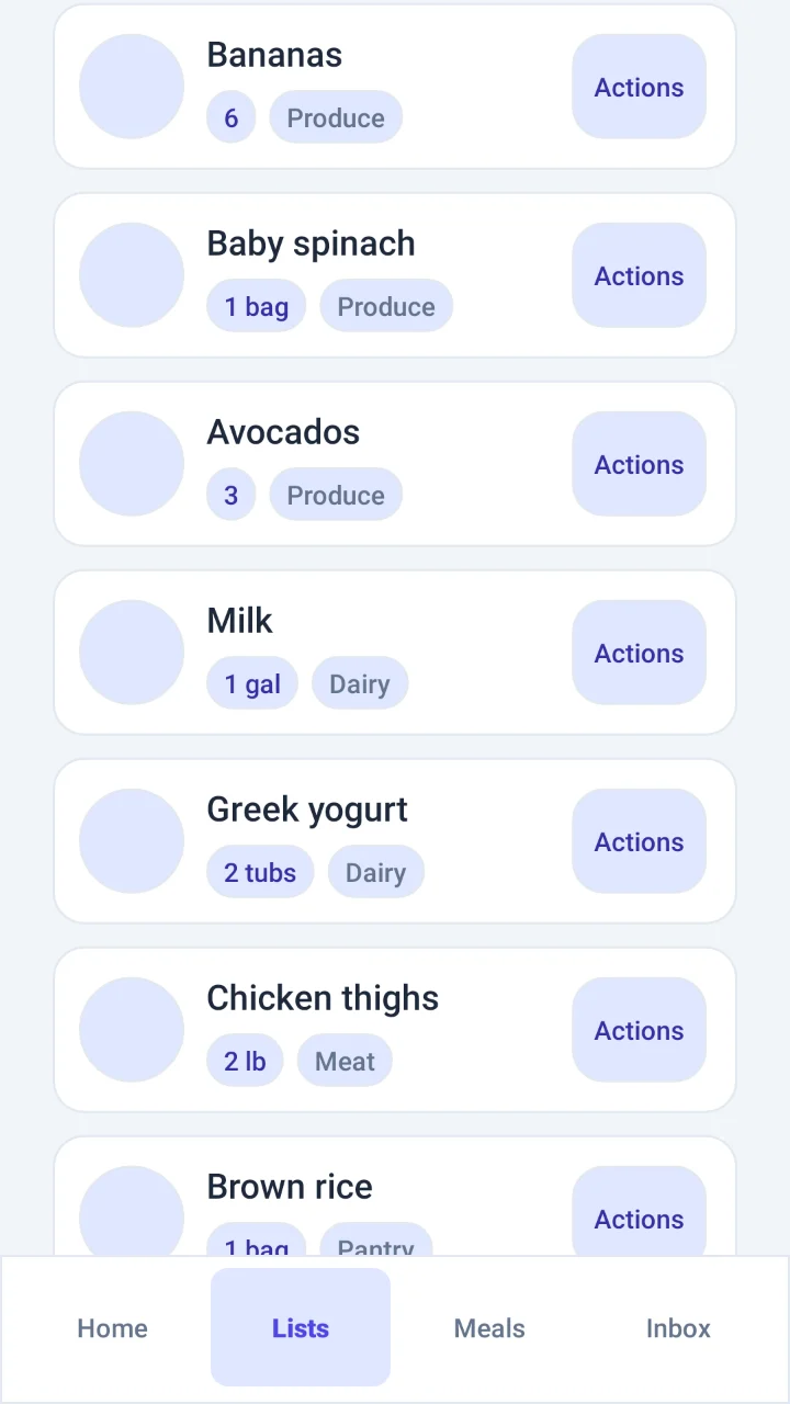 A grocery list with quantities, units and store sections