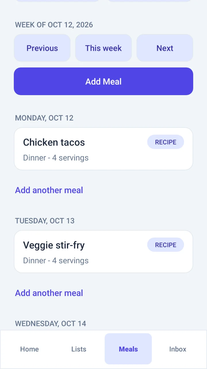 The meal plan for the week, with recipes planned for each day
