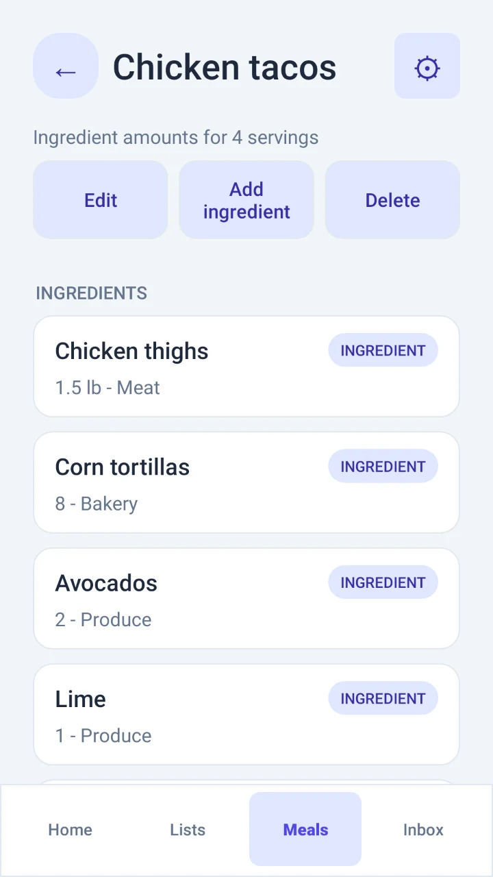 A chicken tacos recipe with its ingredients and amounts