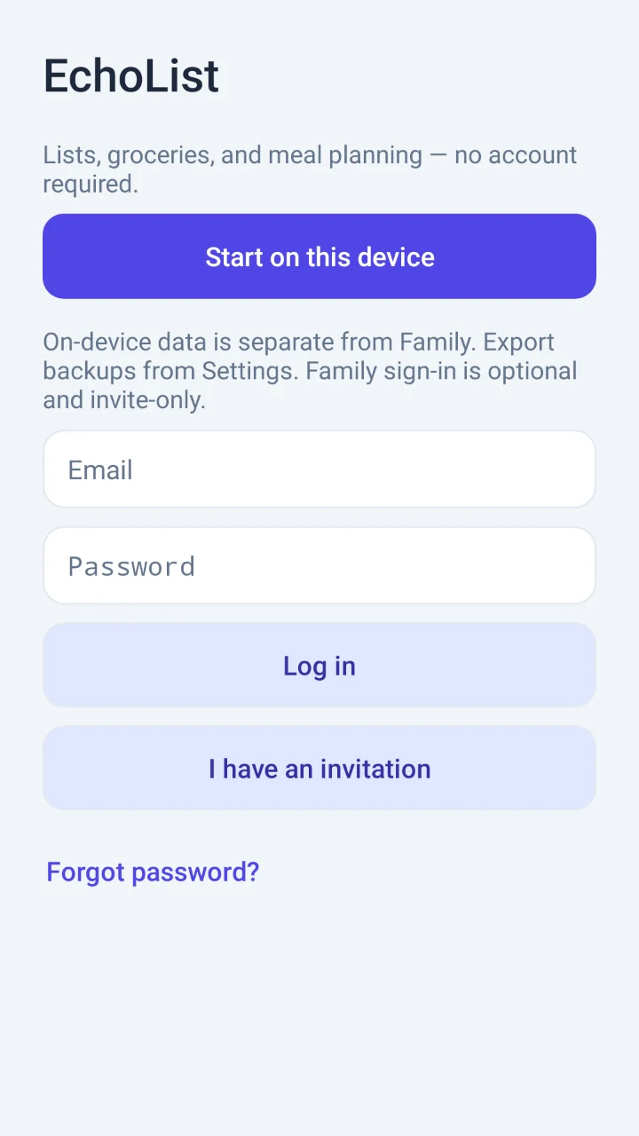 The EchoList start screen with "Start on this device" and optional Family sign-in