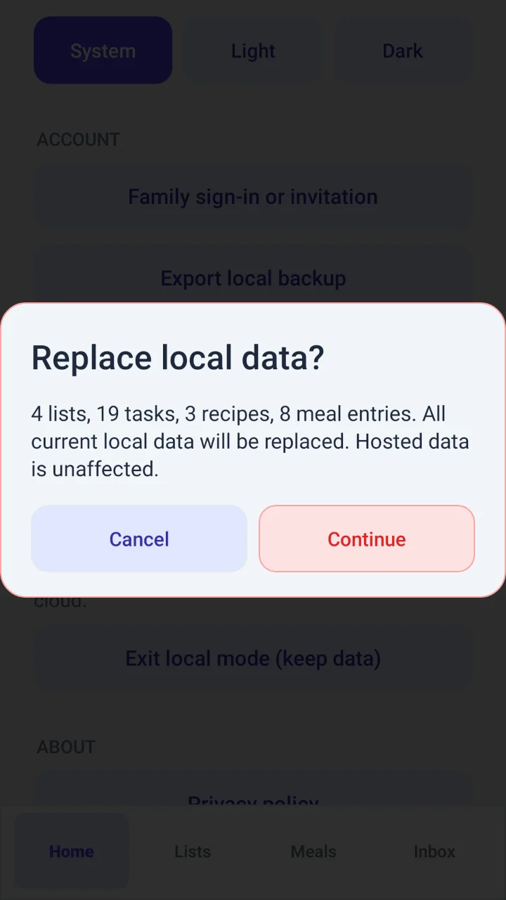 A restore preview listing the lists, tasks, recipes and meals in a backup