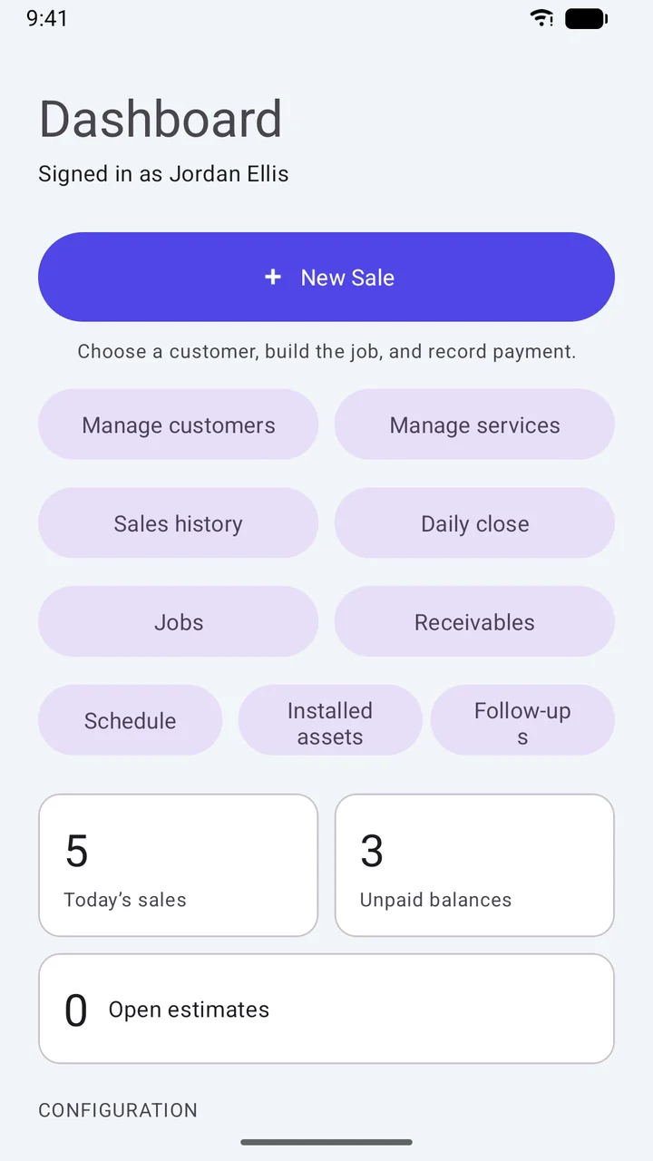 EchoPOS Android dashboard with a New Sale button, shortcuts for customers, services, sales history, daily close, jobs, receivables, schedule, installed assets, and follow-ups, plus today's sales and unpaid balance counts