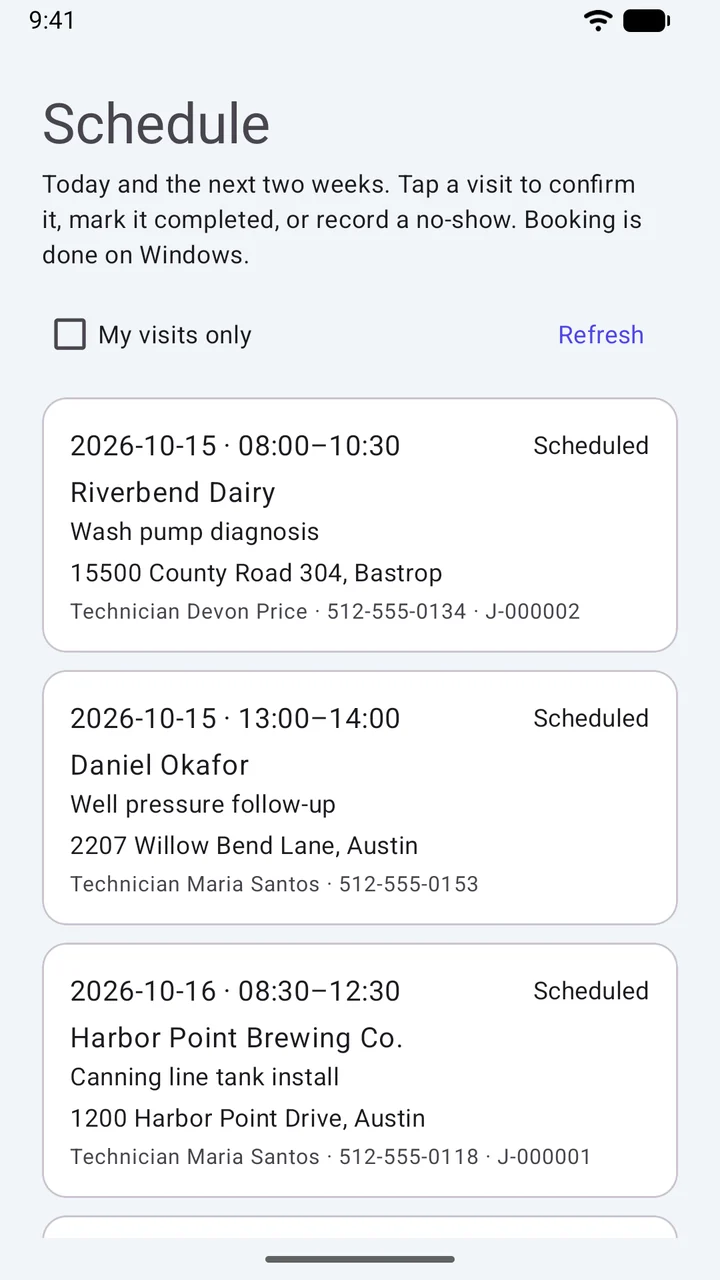 EchoPOS Android schedule screen listing upcoming service visits with time windows, customer names, tasks, addresses, and assigned technicians