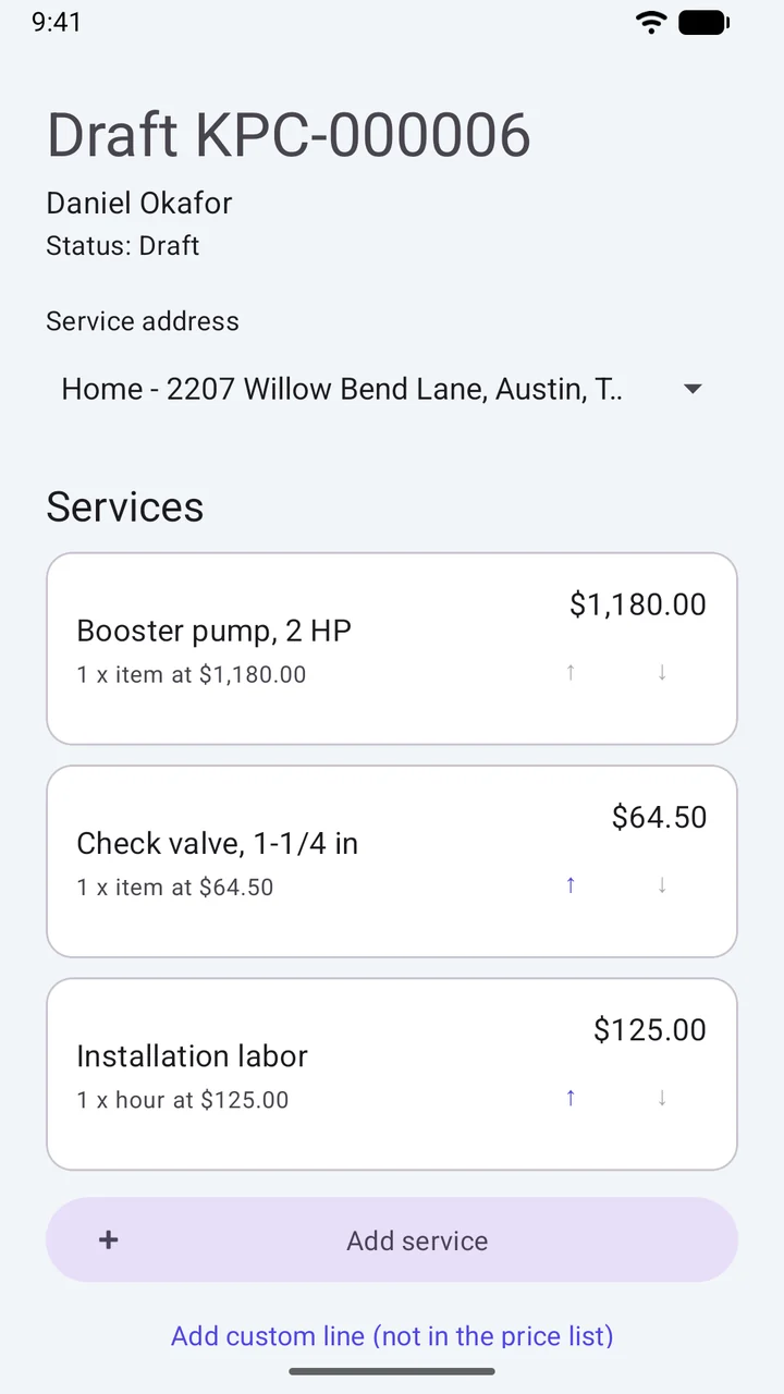 EchoPOS Android draft invoice screen showing selected service address and itemized pump, check valve, and installation labor lines