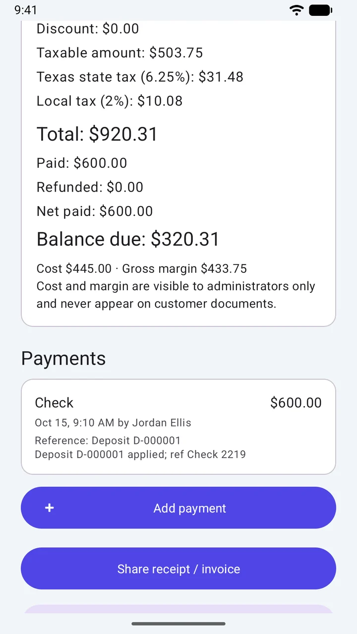 EchoPOS Android invoice summary and payments view showing totals, applied check deposit, balance due, administrator-only margin, and buttons to add payment or share receipt and invoice