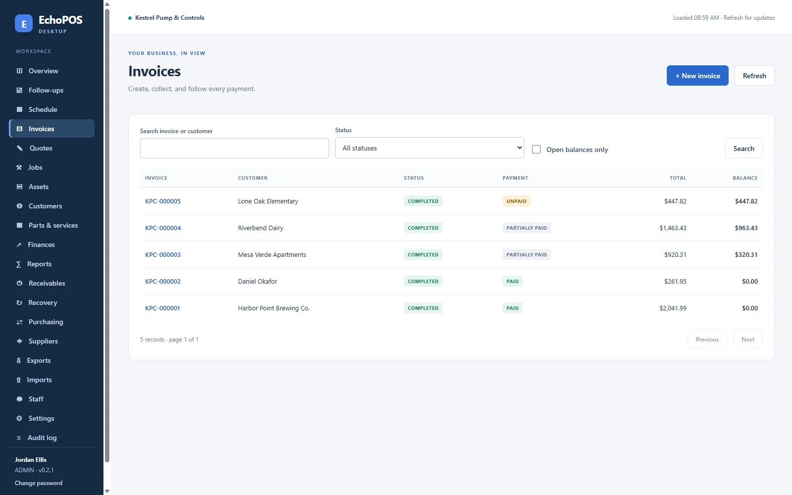 EchoPOS Windows desktop invoices list with search, status filter, open-balance toggle, and payment status badges