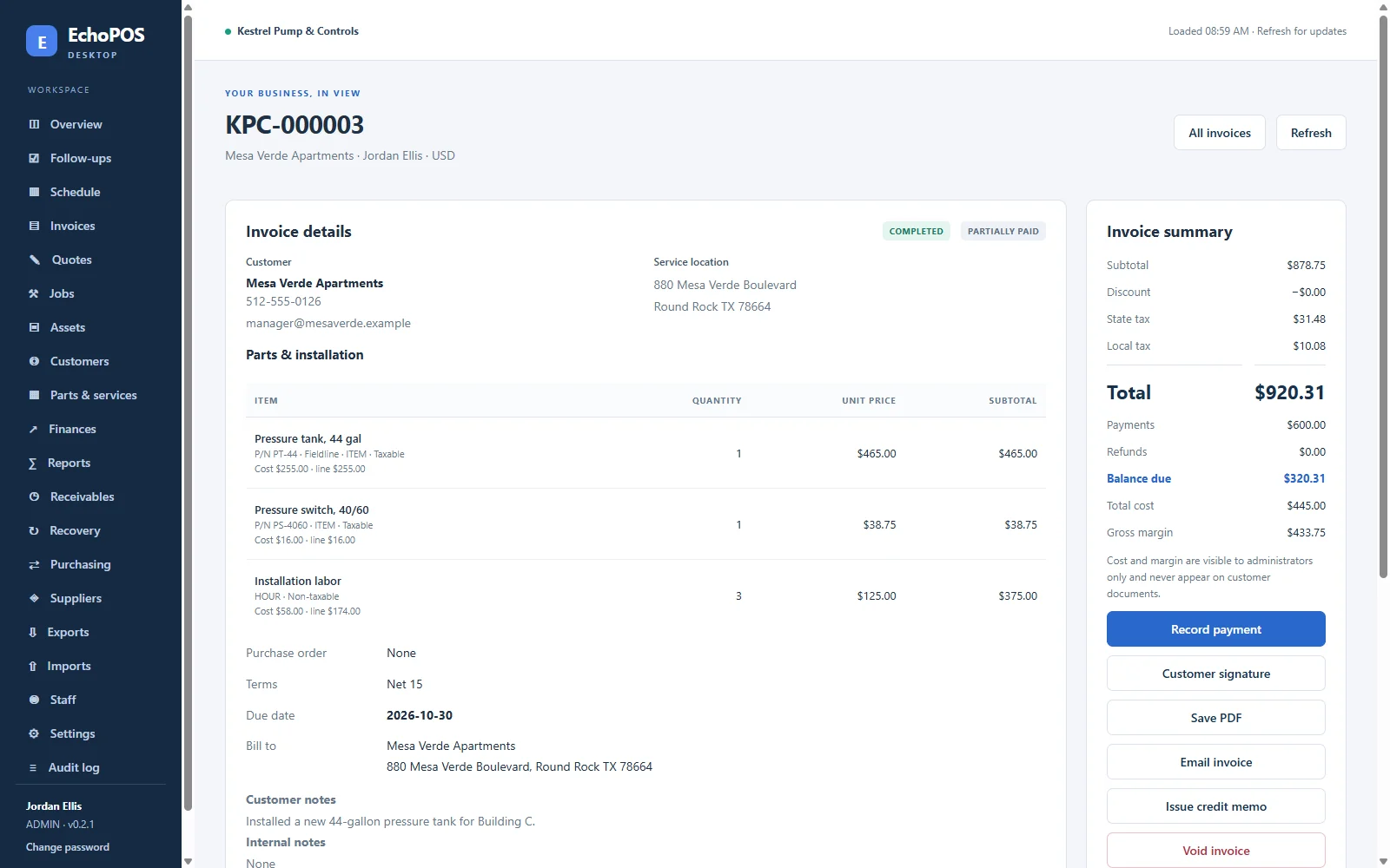 EchoPOS Windows desktop invoice detail view showing customer site, line items with part numbers, administrator-only cost and gross margin, and actions to record payment, capture signature, save PDF, or email invoice