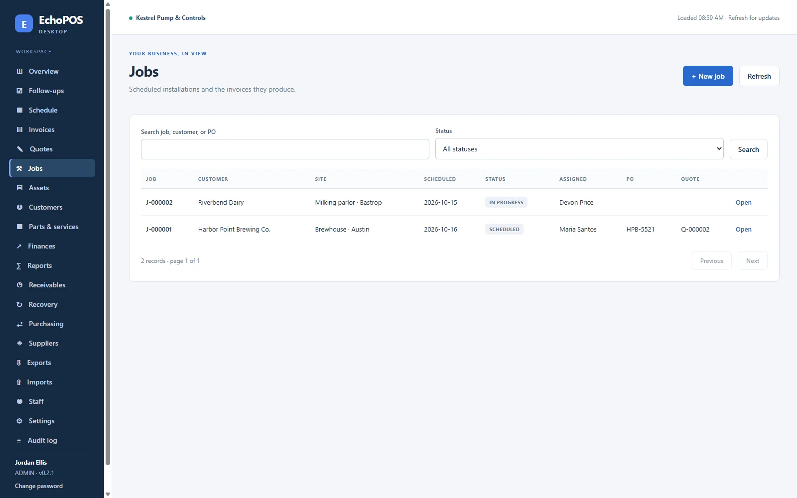 EchoPOS Windows desktop jobs list showing job numbers, customer sites, scheduled dates, statuses, assigned technicians, purchase orders, and source quotes