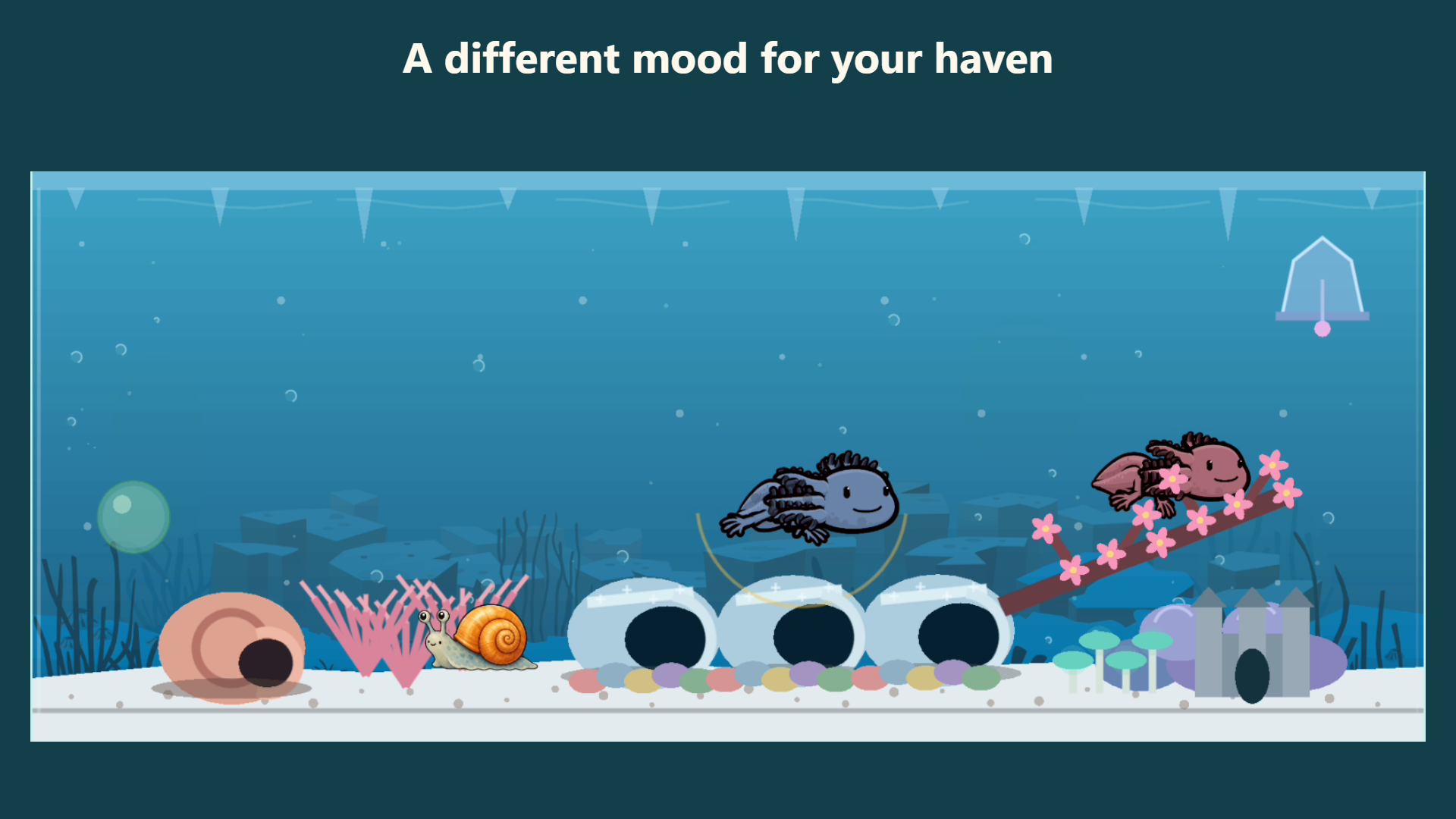 Two axolotls swim in a cool blue winter habitat.