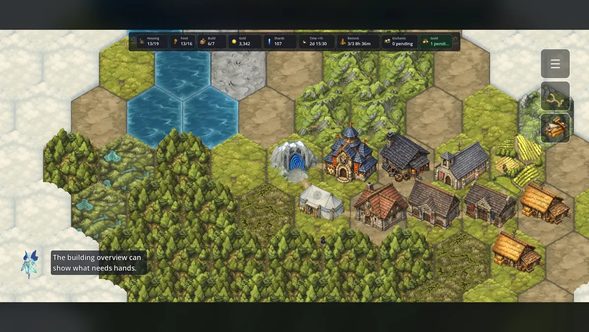 The developed Village with buildings and a glowing portal