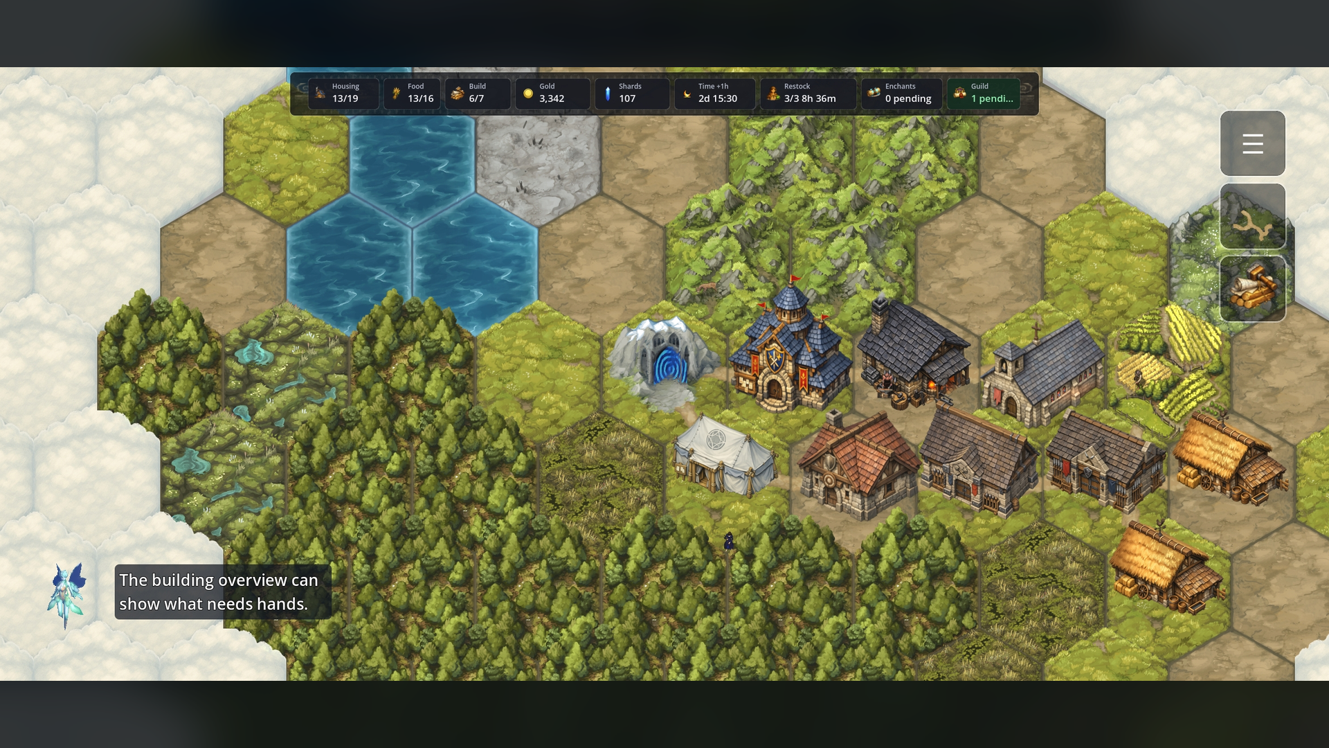 Developed Village with buildings, roads, residents, and a glowing portal