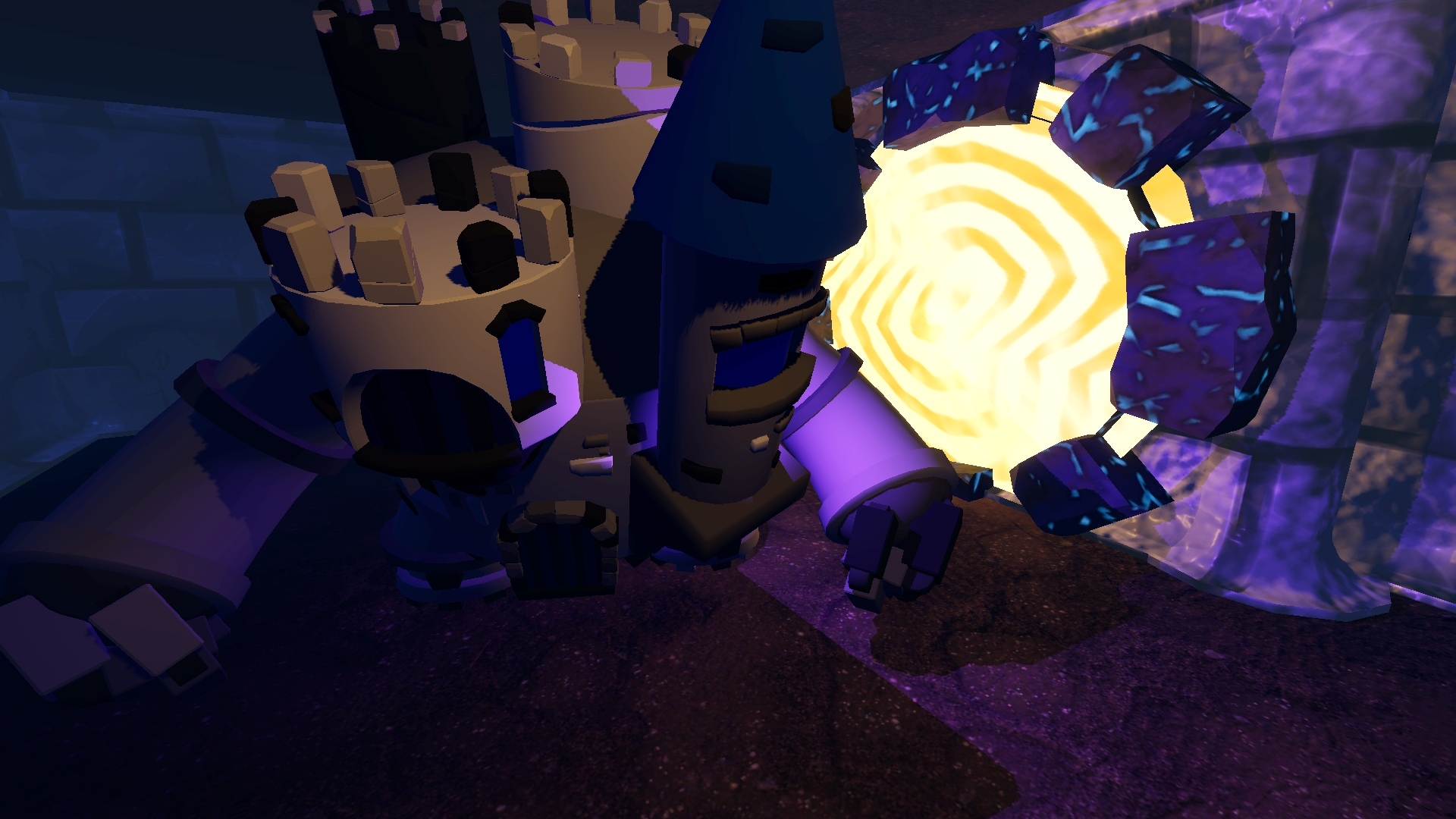 Party confronting a walking castle beside a glowing portal