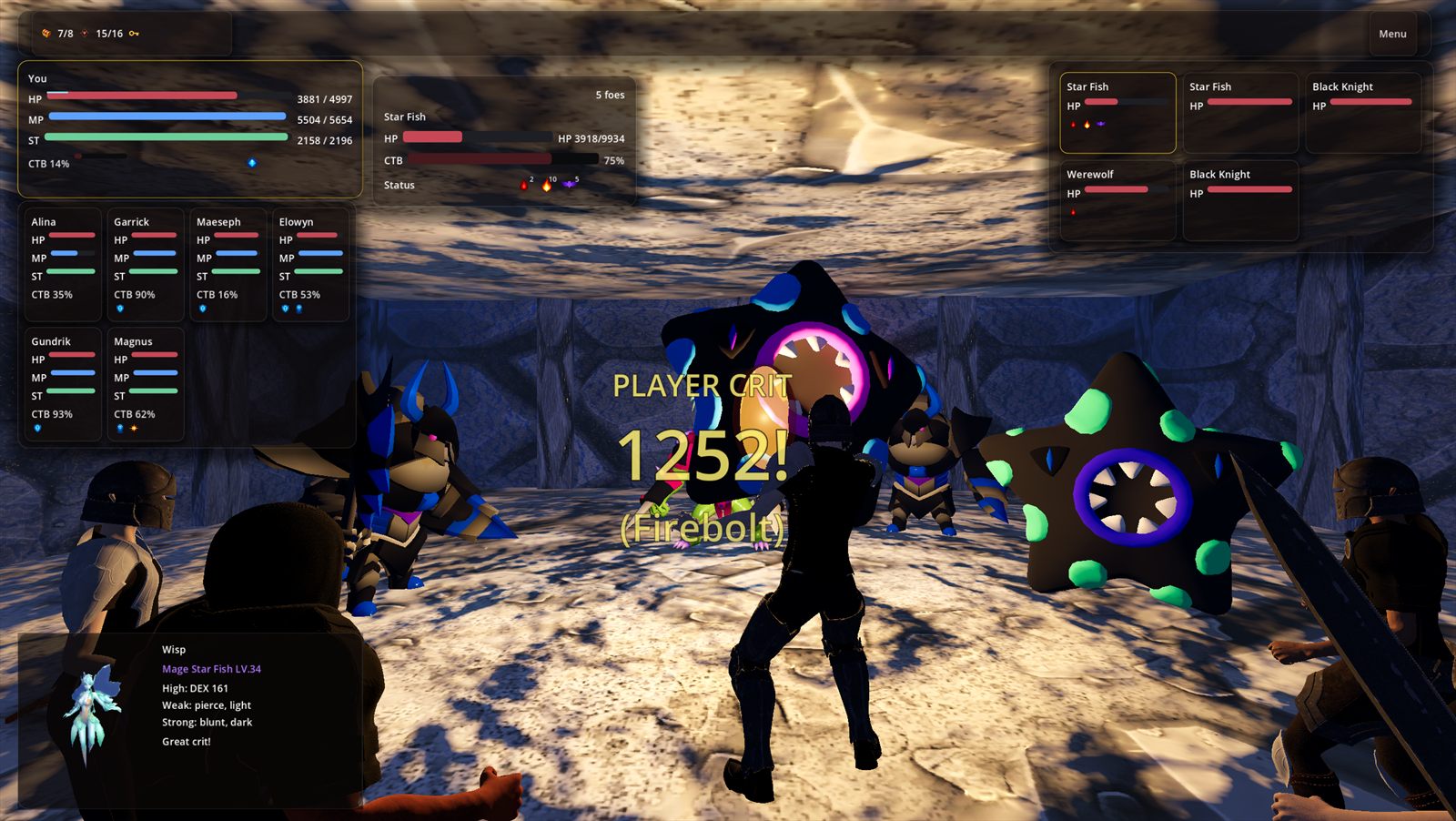 Labyrinth RPG party combat with abilities and enemies