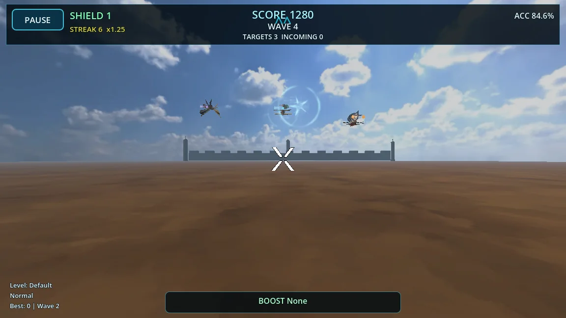 Turret gameplay with clockwork aircraft under a bright battle sky